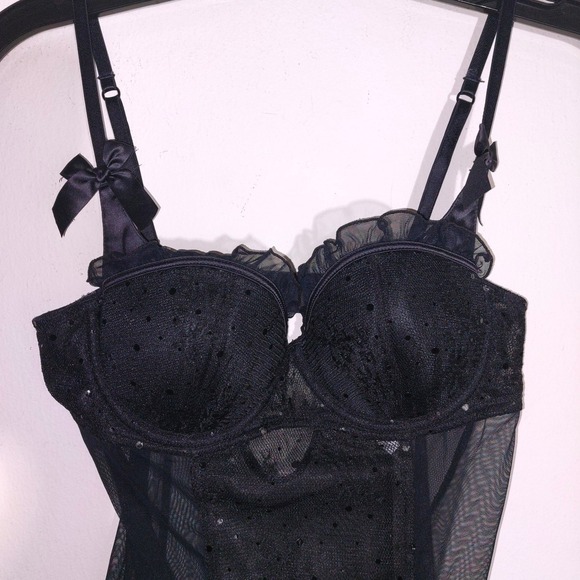 La Senza Black Sparkly Mesh Babydoll Lingerie with Garters Size S EUC - Picture 4 of 12